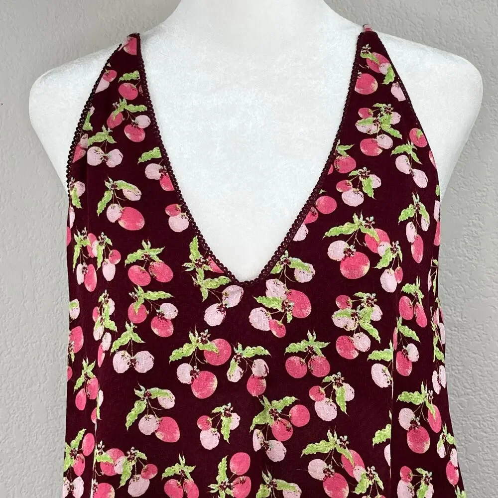 Free People Intimately Worth It Fruit Print Cami Tank Top Burgundy Wine Small